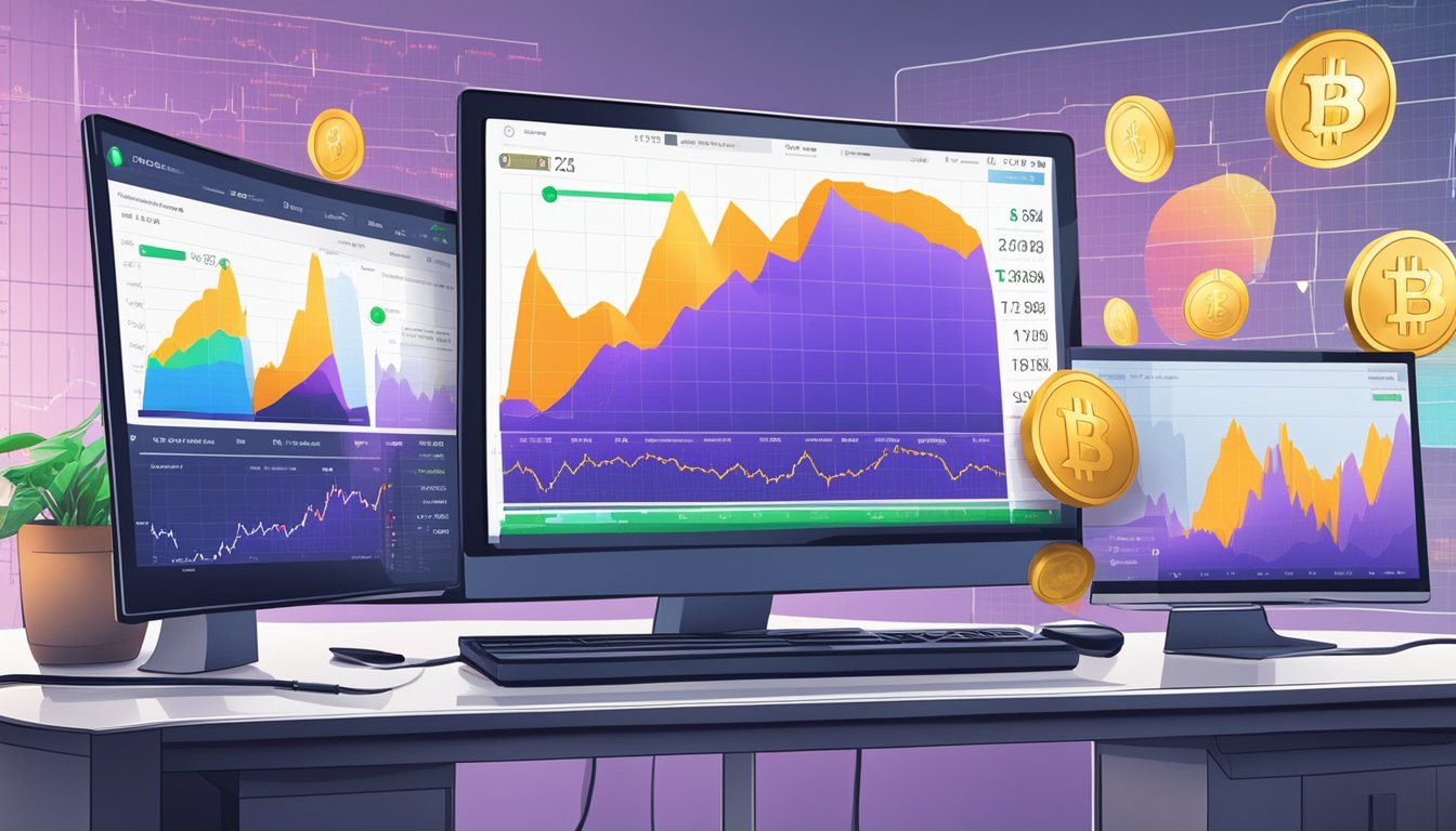 A computer screen displaying fluctuating cryptocurrency prices with charts and graphs in the background