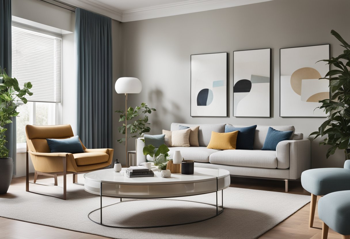 A bright, modern living room with sleek furniture and a minimalist color palette. Clean lines and open space create a sense of calm and sophistication