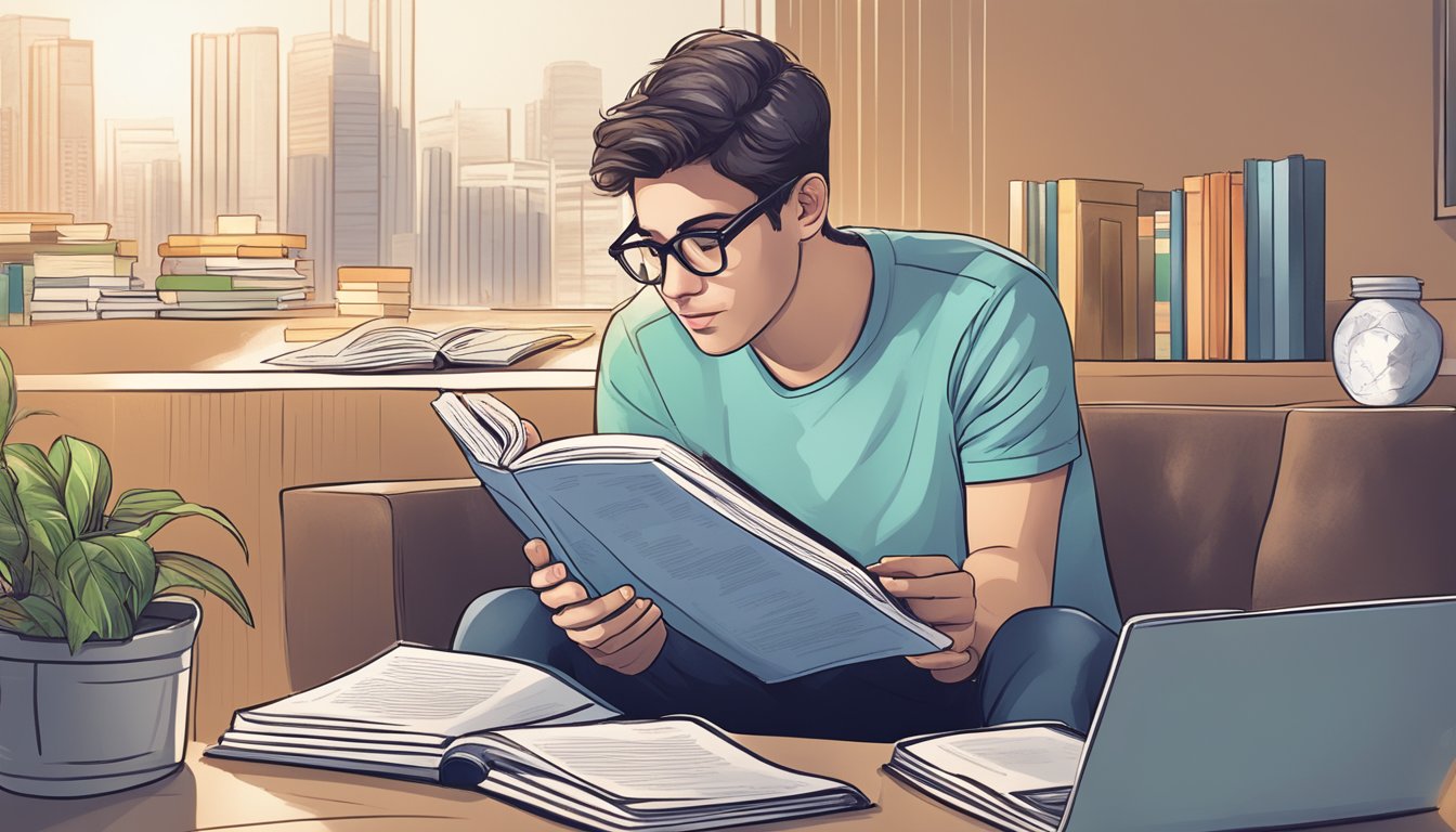 A person reading a beginner's guide book on cryptocurrency investment, surrounded by legal documents and regulatory guidelines