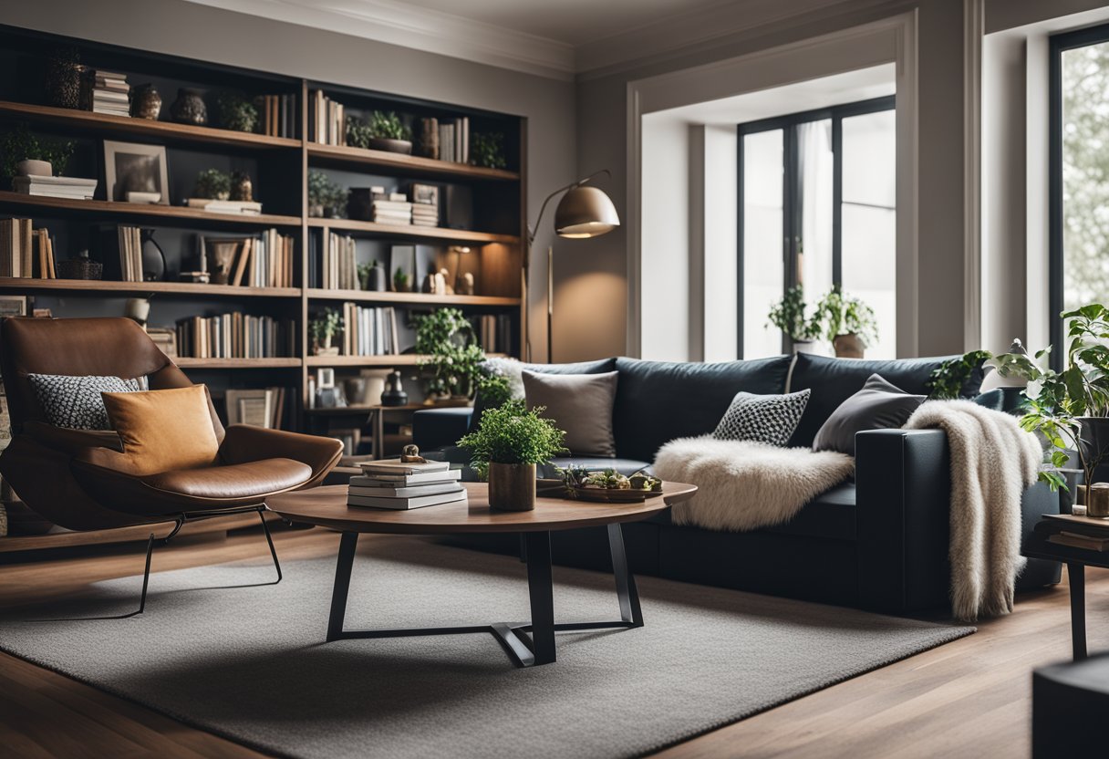 A cozy living room with a modern design, featuring a large bookshelf filled with various books, a comfortable sofa, and a sleek coffee table