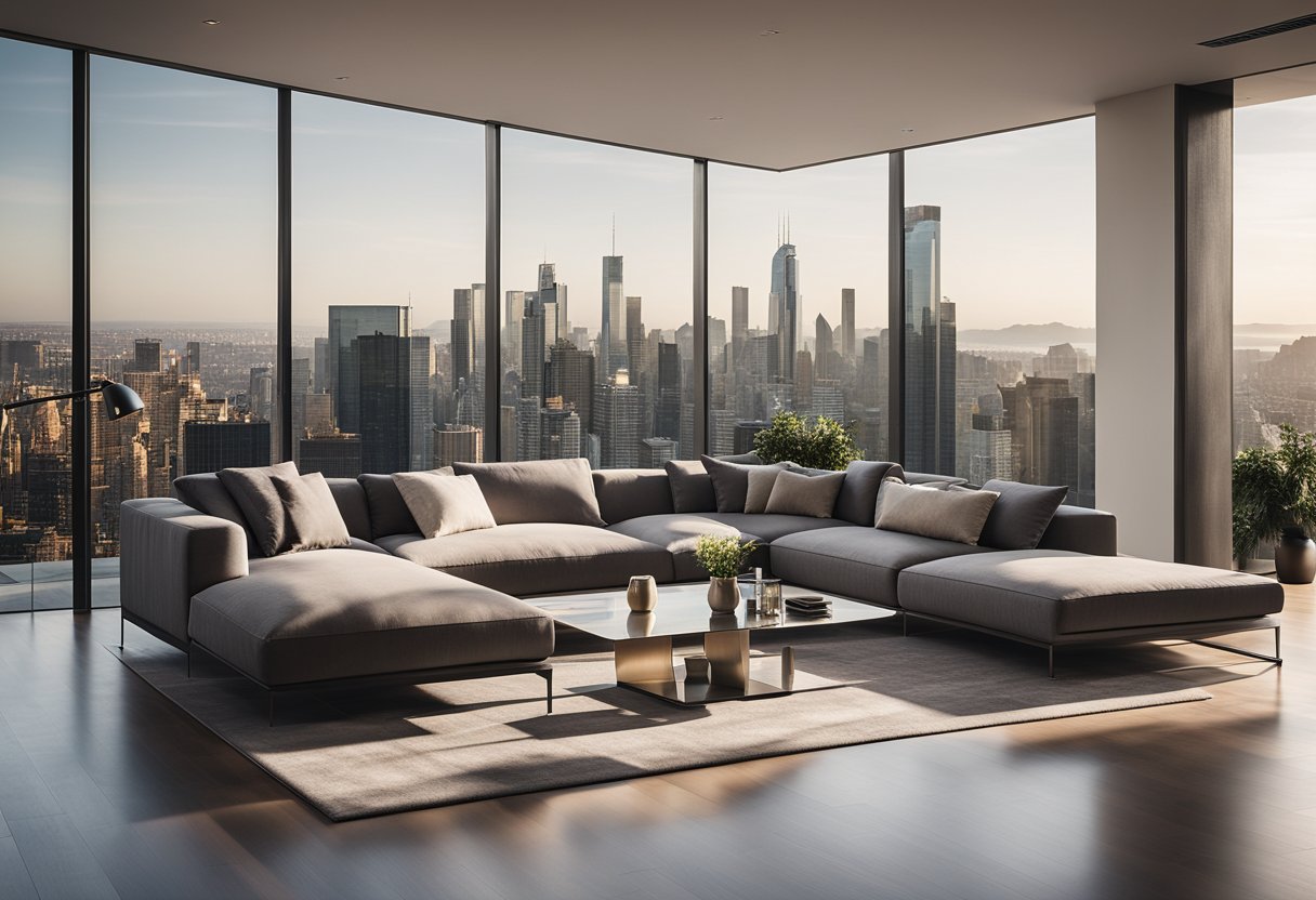 A sleek, minimalist living room with a large, L-shaped sofa, a statement coffee table, and floor-to-ceiling windows offering a view of the city skyline
