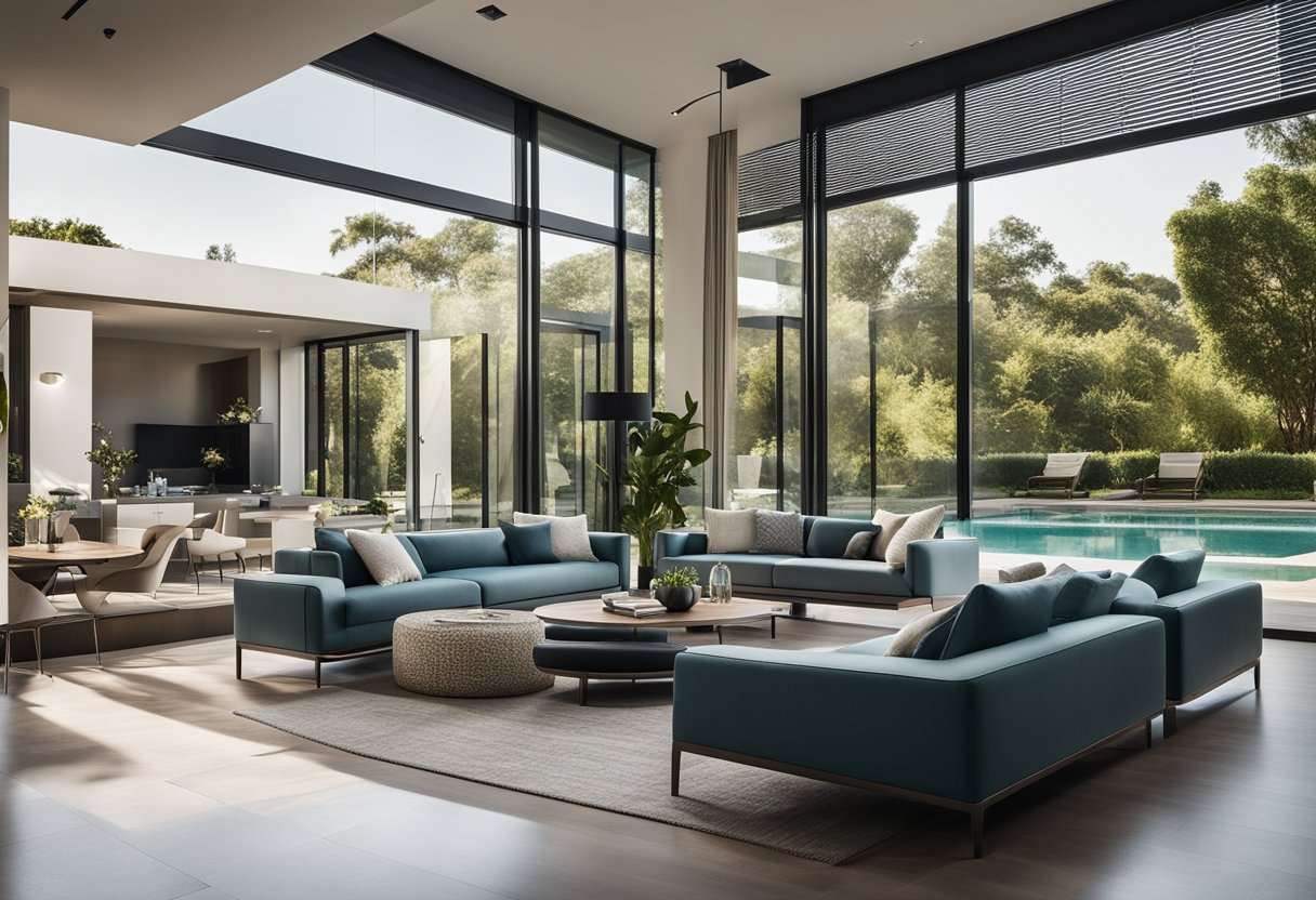 A sleek, open-concept lounge with minimalist furniture and floor-to-ceiling windows overlooking a sparkling pool and lush landscaping