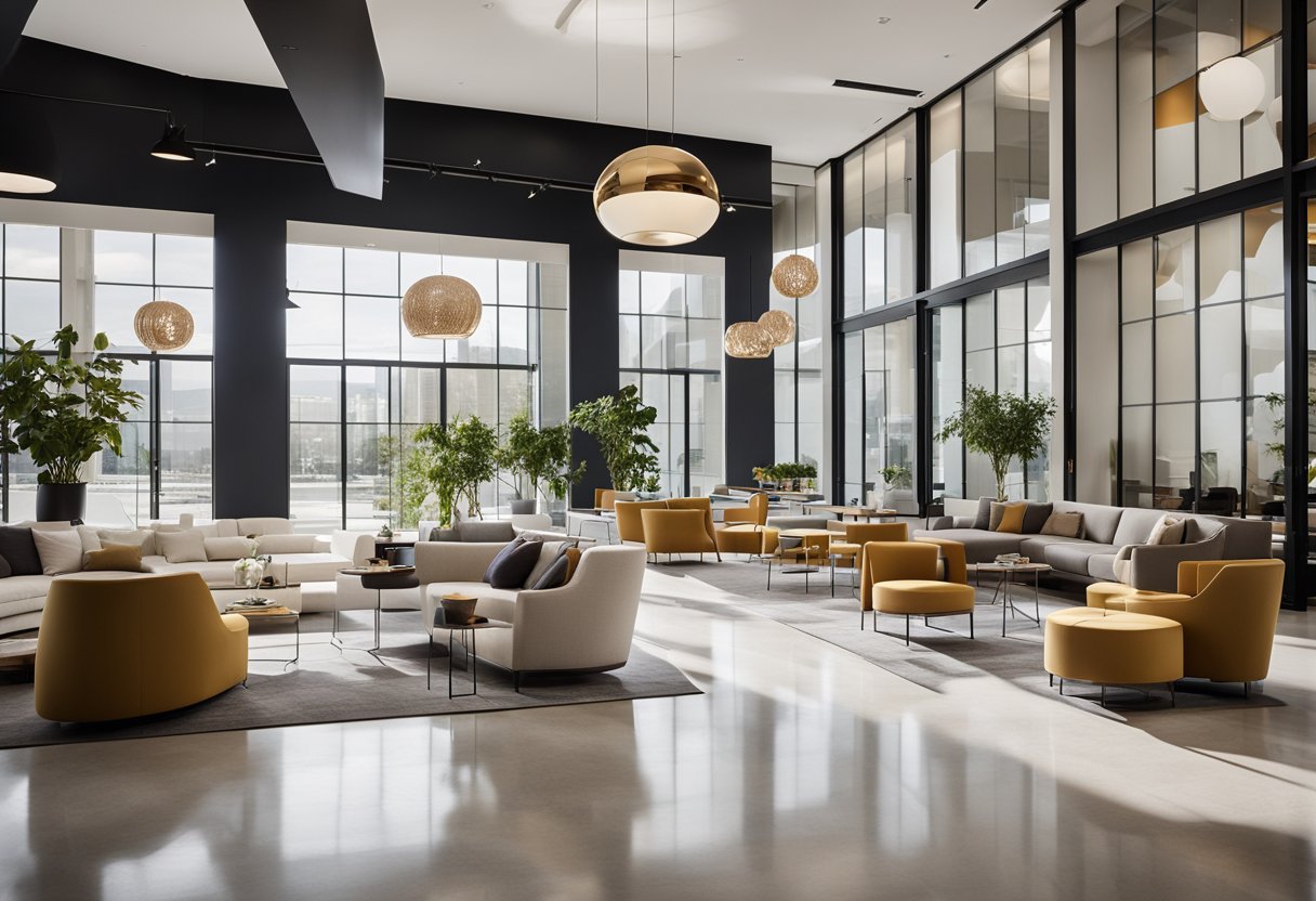 A sleek, minimalist lobby with high ceilings, natural light, and contemporary furniture. A neutral color palette with pops of vibrant accents. Open floor plan with seamless transitions between indoor and outdoor spaces