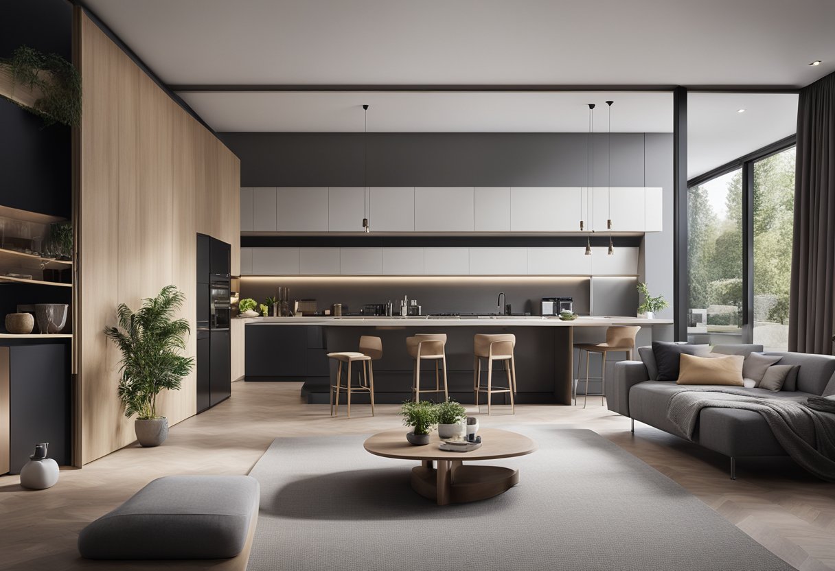 A sleek, open-plan living area with multifunctional furniture, maximizing space. A minimalist kitchen with hidden storage and integrated appliances. A cozy, yet functional bedroom with built-in storage solutions