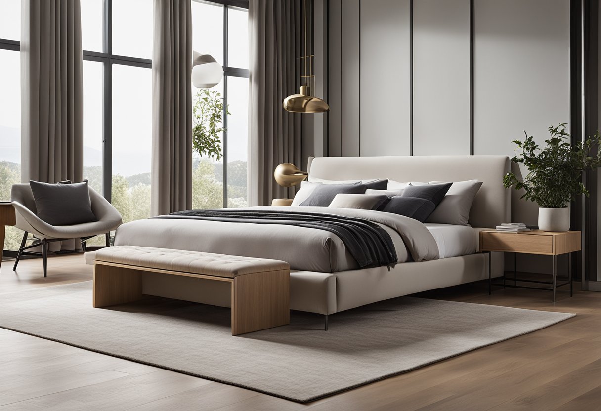 A sleek bedroom with minimal furniture, clean lines, and neutral colors. Large windows let in natural light, and a plush rug adds warmth to the hardwood floor