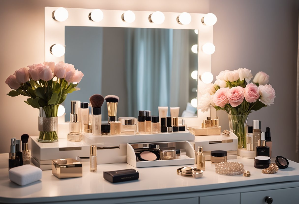 A bedroom dressing table with a large mirror, a vase of fresh flowers, a jewelry box, and a neatly arranged array of cosmetics and beauty products