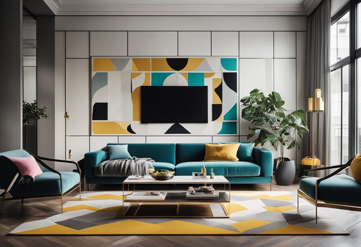 A sleek, minimalist living room with bold pops of color, geometric patterns, and unique statement pieces