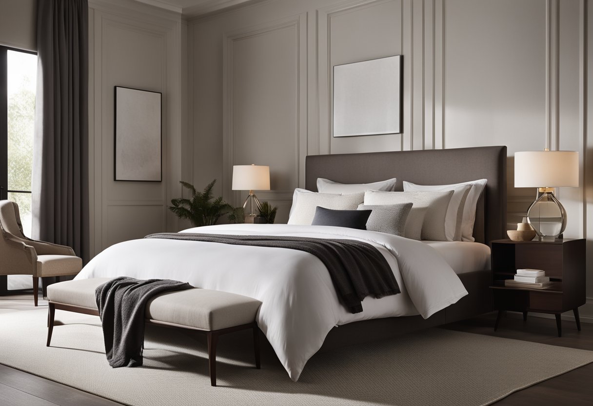 A modern, minimalist bedroom with clean lines, neutral colors, and luxurious textures. A large, comfortable bed with crisp, white linens sits against a backdrop of soft, muted walls and sleek, dark wood furniture