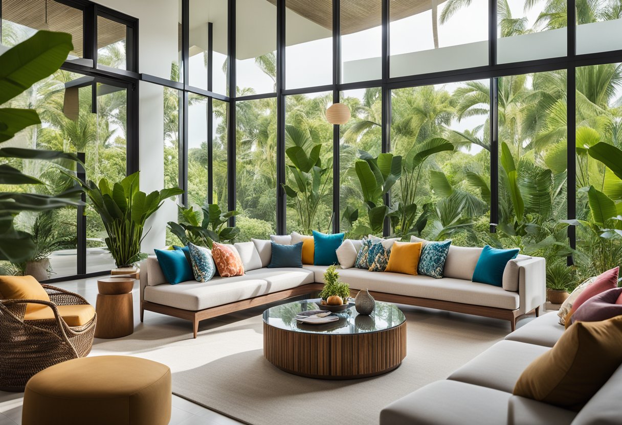 A spacious living room with sleek furniture, large windows, and a view of a tropical landscape. The color scheme is neutral with pops of vibrant, tropical colors. Outdoor elements such as plants and natural materials are incorporated into the design