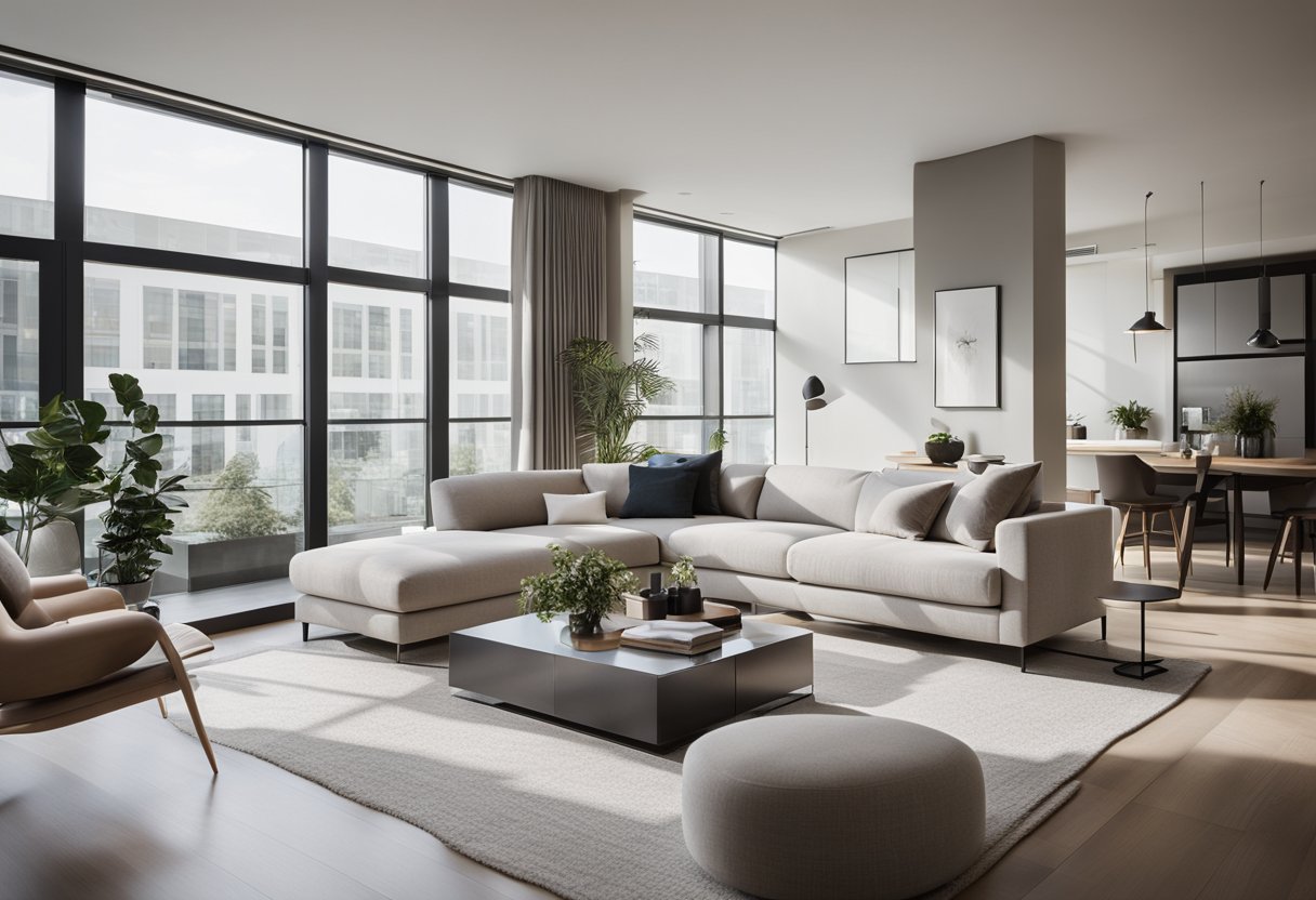 A sleek, minimalist apartment with clean lines, neutral color palette, and modern furniture. Large windows allow natural light to flood the space, highlighting the sleek, contemporary design
