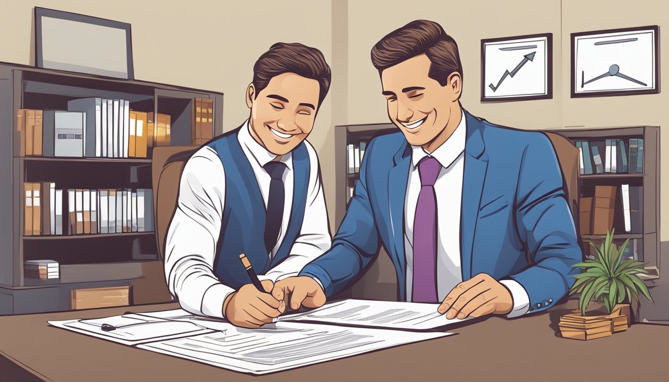 A businessman signing a loan agreement with a bank representative. The businessman is smiling while the representative explains the terms of the business acquisition loan