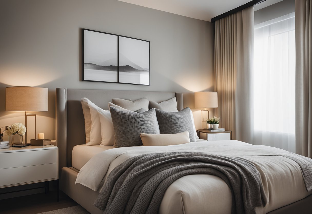 A cozy condo bedroom with a neutral color palette, a plush bed with layered pillows, a sleek nightstand with a modern lamp, and a large window with sheer curtains