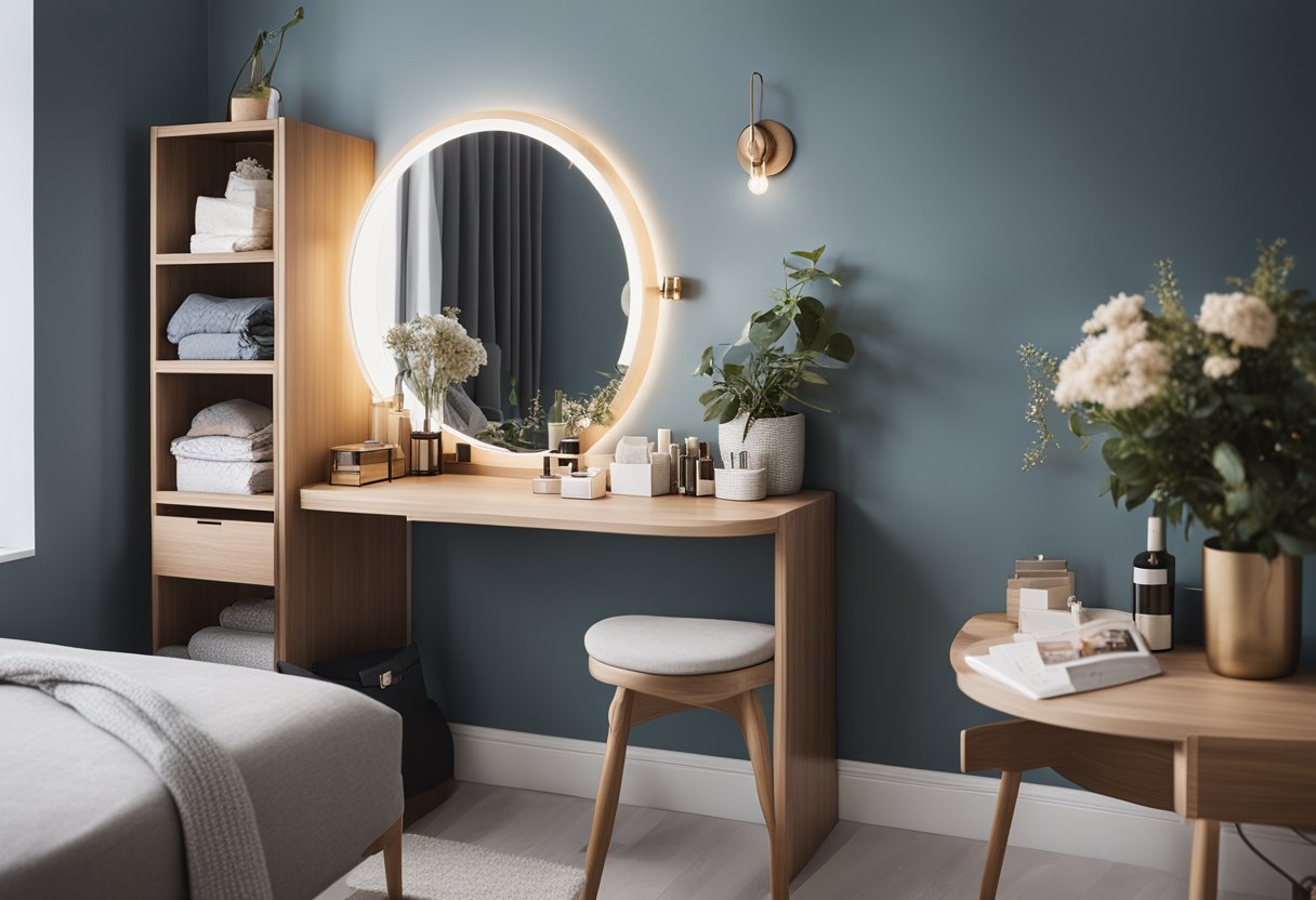 A small bedroom with a sleek, wall-mounted dressing table, surrounded by space-saving storage solutions and a mirror for practical yet stylish functionality