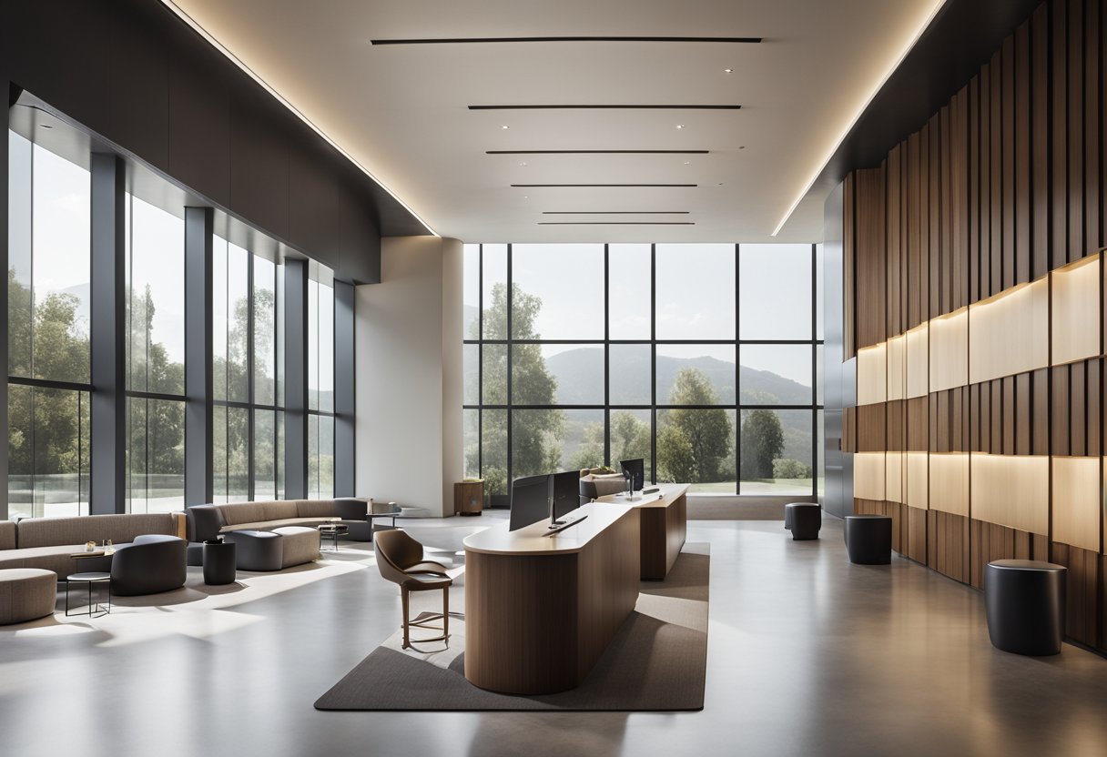 A sleek, minimalist lobby with clean lines and warm lighting. A reception desk with a geometric design. Comfortable seating areas with contemporary furniture. High ceilings and large windows offering a view of the surrounding landscape