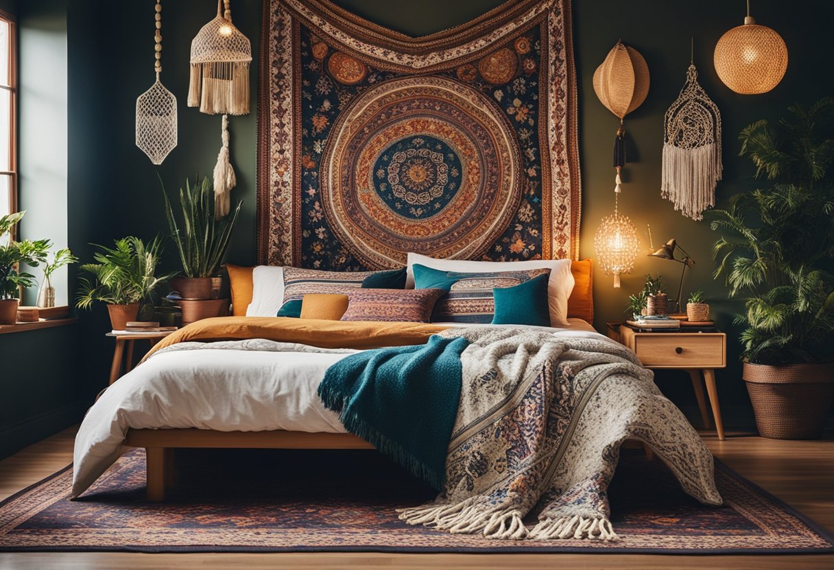 A cozy bohemian bedroom with patterned rugs, colorful tapestries, and an assortment of throw pillows on a low platform bed. A mix of vintage and modern furniture gives the room a relaxed and eclectic feel