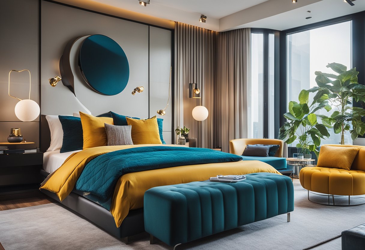 A modern bedroom with bold, colorful accessories and sleek furniture
