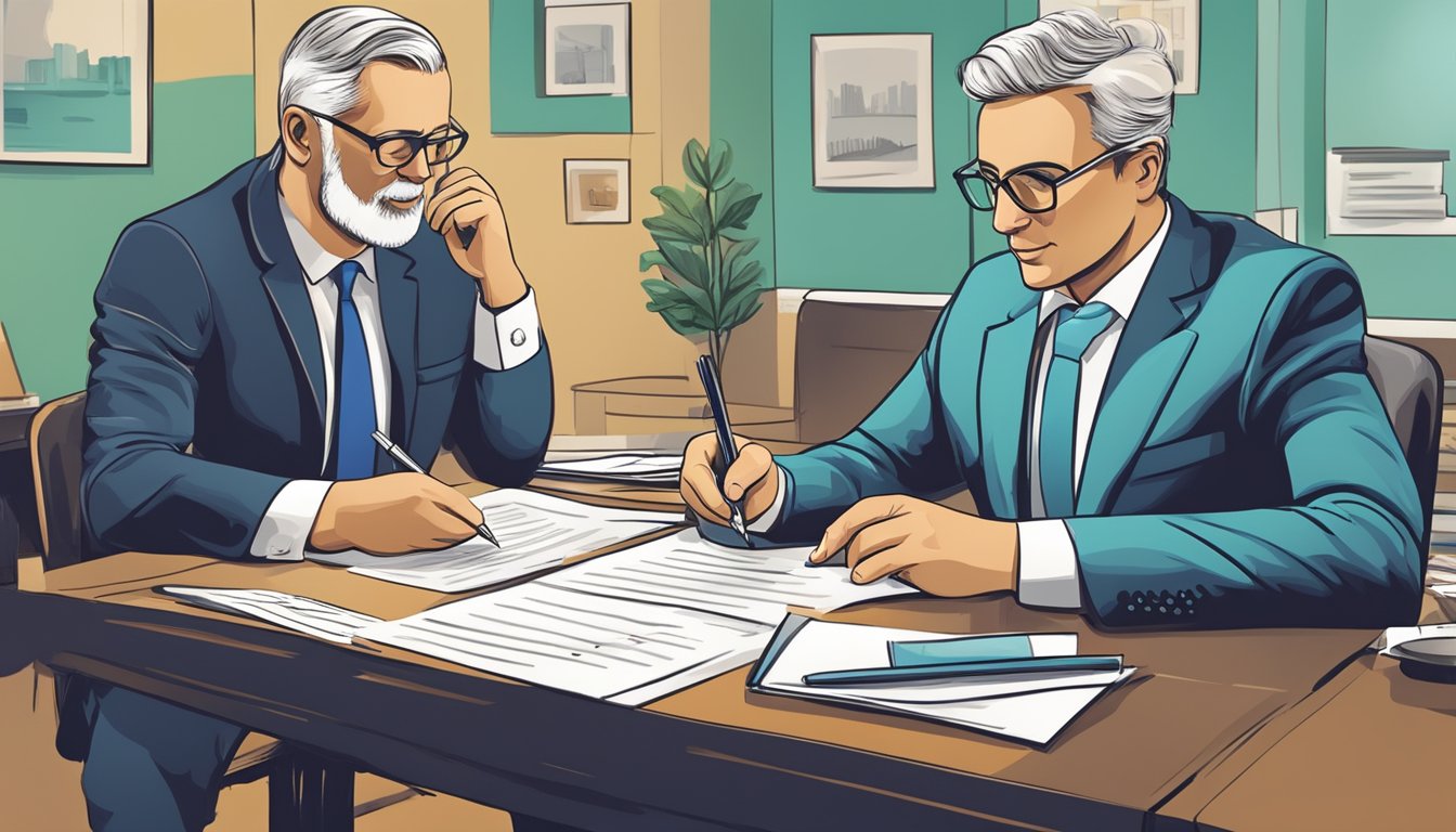 A business owner signing loan documents while a banker reviews financial statements