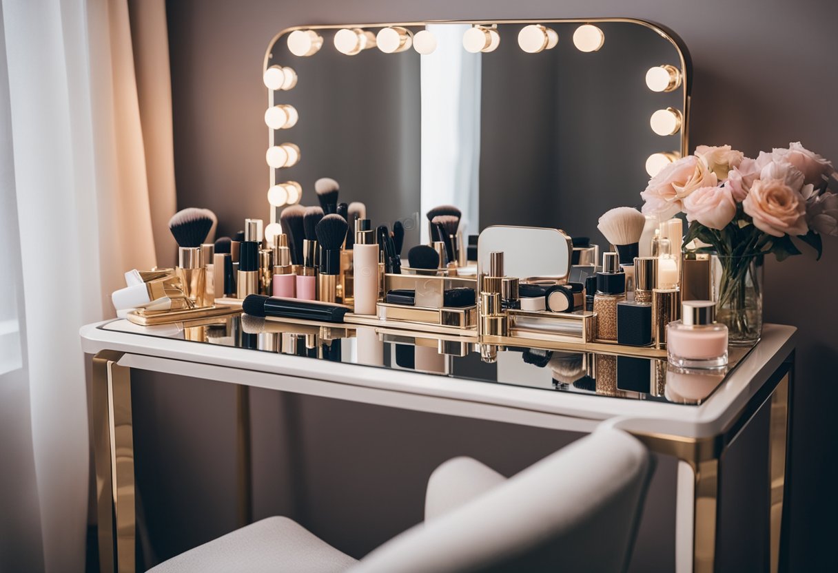 A bedroom dressing table with a mirror, makeup products, and neatly arranged accessories