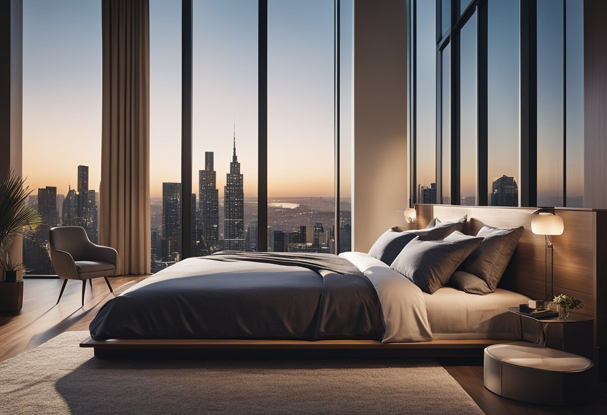 A cozy bedroom with a large, plush bed, soft lighting, and modern decor. A view of the city skyline through floor-to-ceiling windows