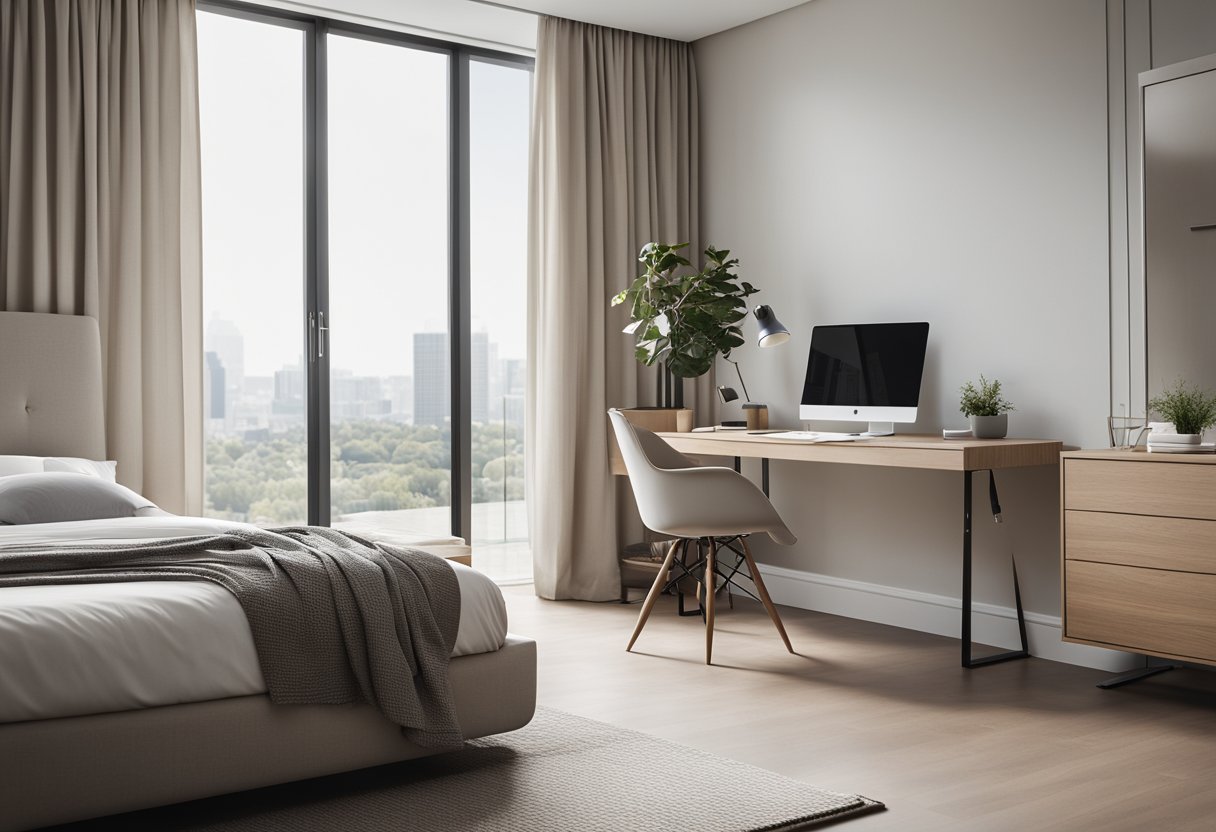 A minimalist bedroom with clean lines, neutral colors, and modern furniture. A large window lets in natural light, and a sleek desk and chair sit in the corner