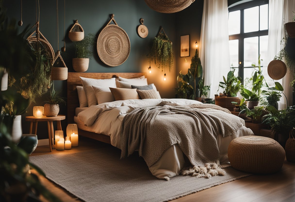 A cozy bohemian bedroom with layered textiles, hanging plants, and eclectic decor. Warm lighting creates a relaxed atmosphere