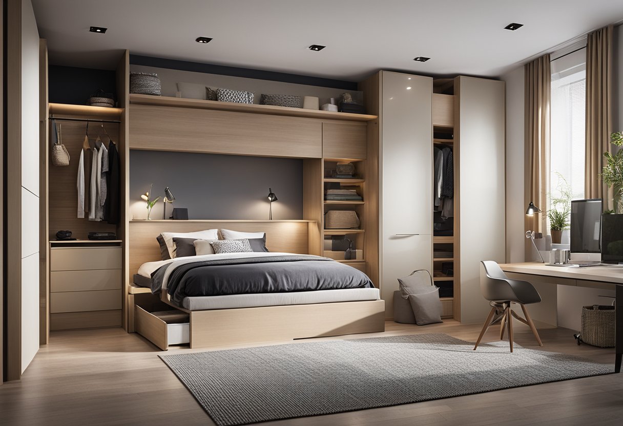 A bedroom with a raised platform bed, integrated storage underneath, wall-mounted shelves, and a built-in wardrobe maximizing space