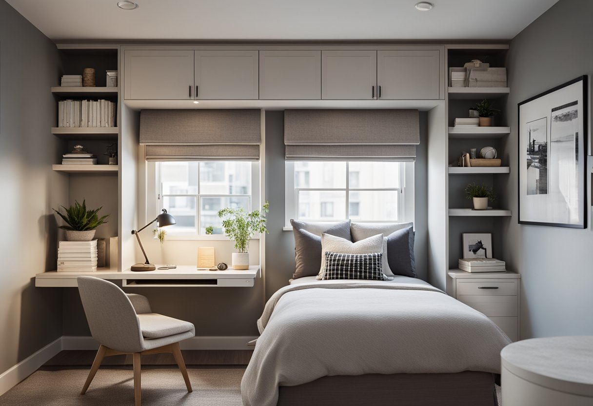 The condo bedroom features a loft bed with built-in storage, a wall-mounted desk, and floating shelves to maximize space. A neutral color palette and natural light create a cozy and functional atmosphere