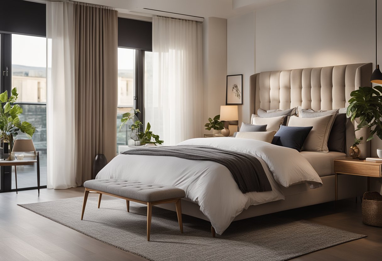 A cozy bedroom with modern furniture, soft lighting, and a neutral color palette. A large, comfortable bed is the focal point, with stylish decor and ample storage solutions throughout the room