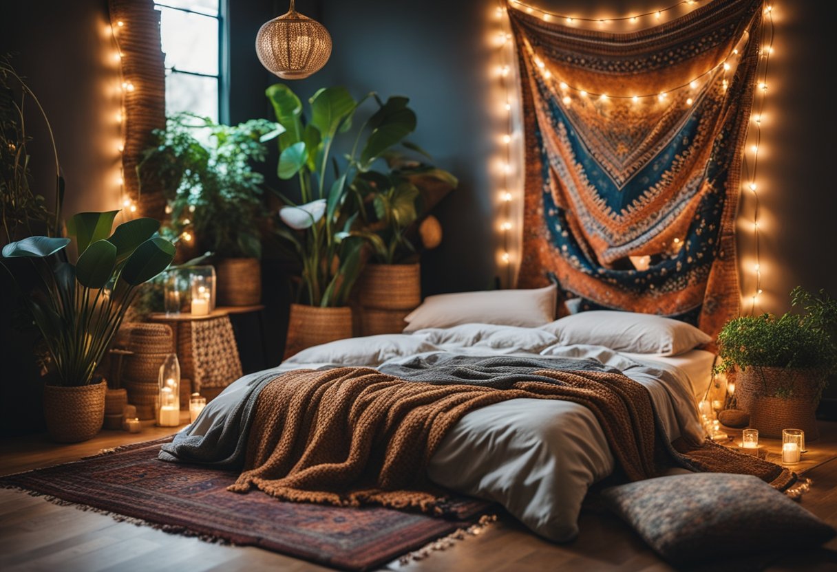 A cozy bed with colorful tapestries, patterned pillows, and draped fairy lights. A vintage rug, plants, and eclectic decor complete the bohemian look