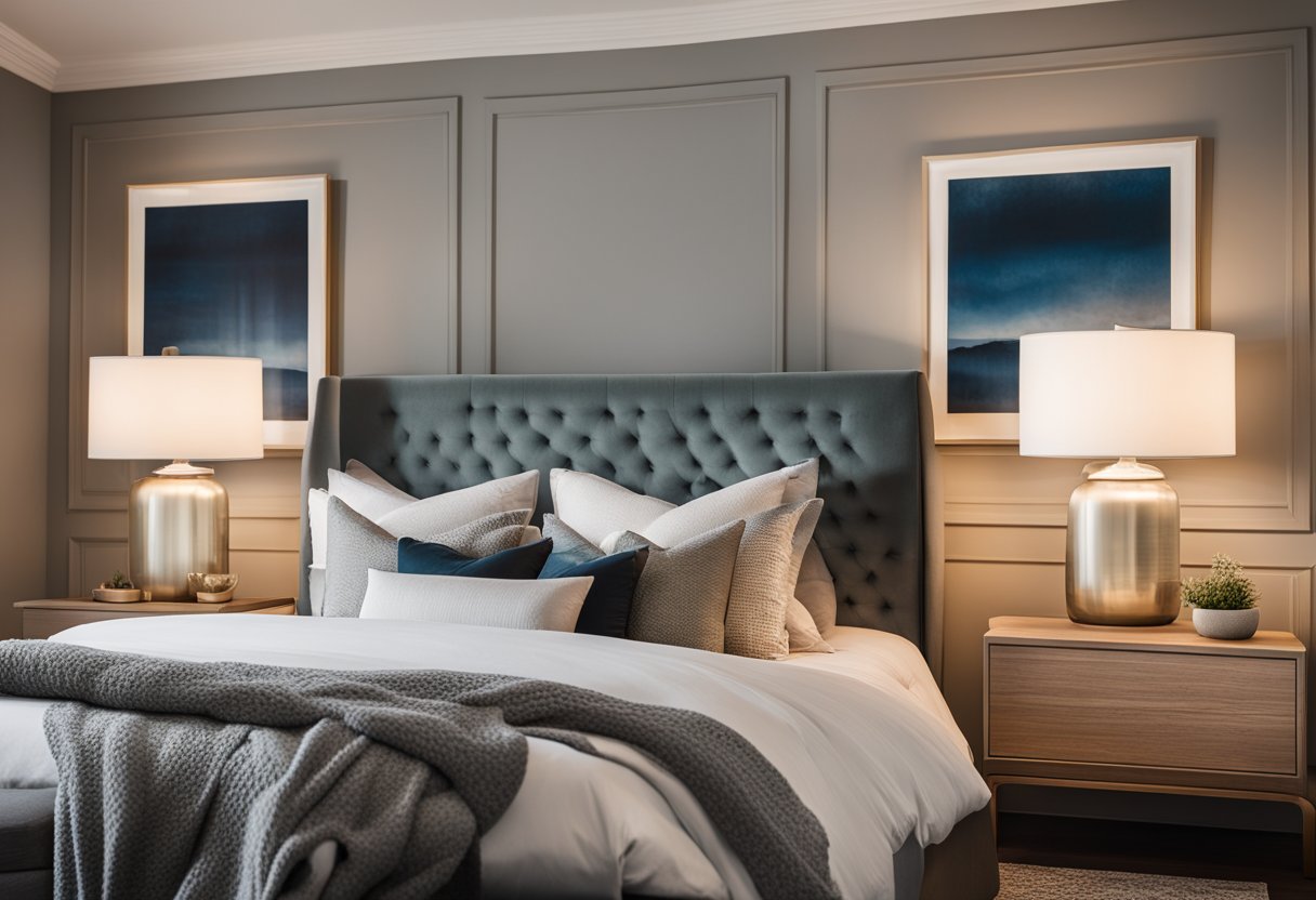 A cozy bedroom with a queen-sized bed, nightstand, and lamp. A large window lets in natural light, and the walls are adorned with framed artwork