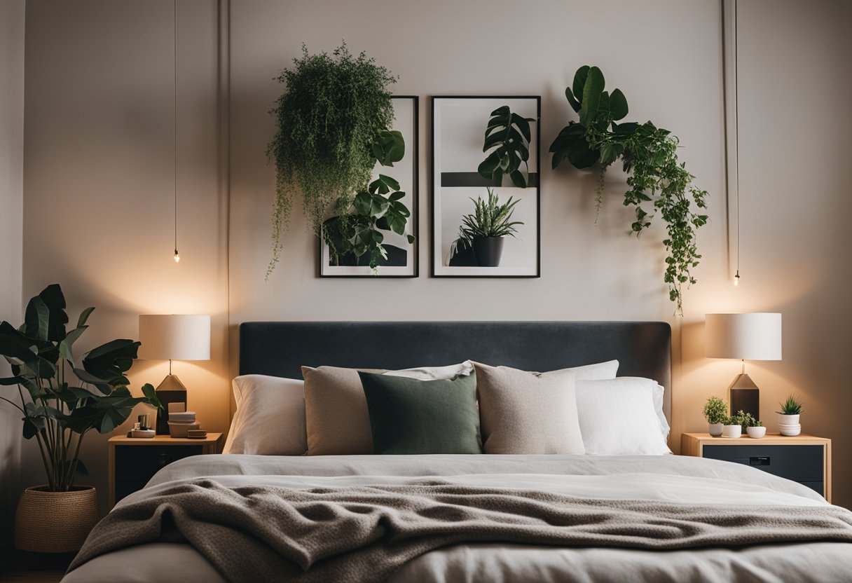 A cozy bedroom with neutral tones, natural textures, and minimalistic furniture. Soft lighting and potted plants add warmth and tranquility to the space
