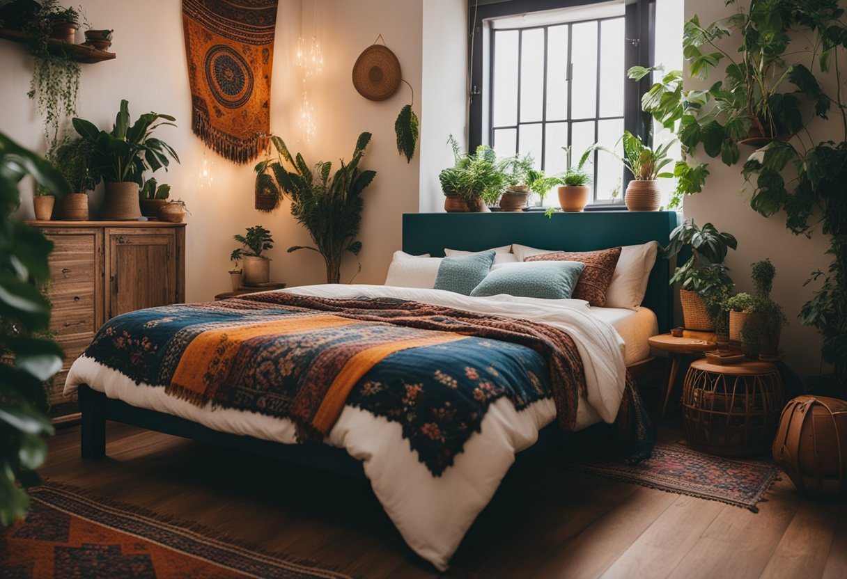 A cozy bohemian bedroom with colorful tapestries, hanging plants, and patterned throw pillows. A low wooden bed frame and a vintage rug complete the eclectic, free-spirited look