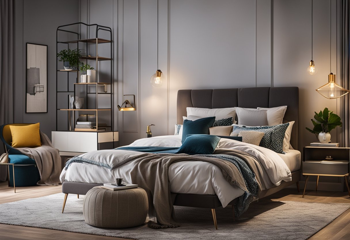 A cozy bedroom with modern furniture, soft lighting, and a pop of color. A comfortable bed with decorative pillows, a stylish nightstand with a lamp, and a small desk with a chair for reading or writing
