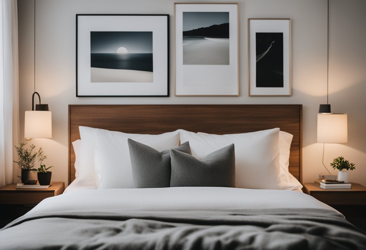 A cozy bedroom with minimalistic decor, featuring a neutral color palette, a comfortable bed with crisp white linens, a small nightstand with a lamp, and a simple gallery of framed photos on the wall