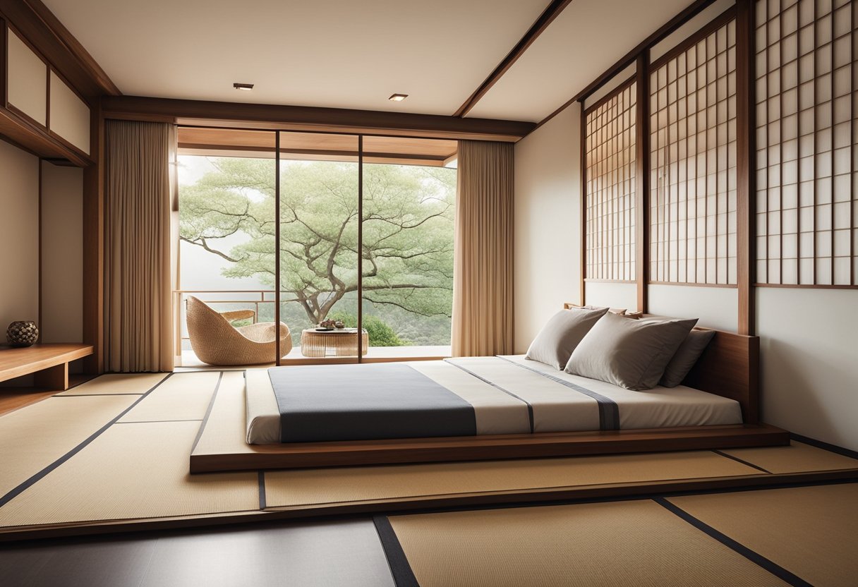 A low, wooden platform bed with tatami mats, sliding paper doors, and minimal decor. Shoji screens filter soft, natural light into the serene space