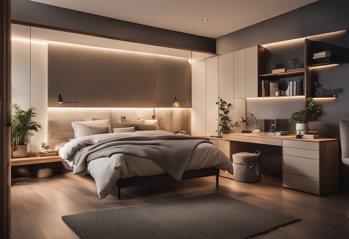 The single bedroom is adorned with minimalist furniture, warm lighting, and cozy textiles, creating a serene and inviting atmosphere