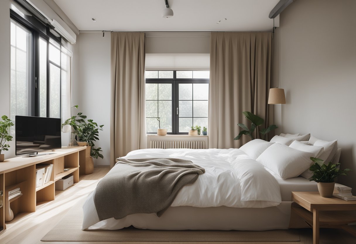 A cozy Muji bedroom with minimal furniture, neutral colors, and natural lighting