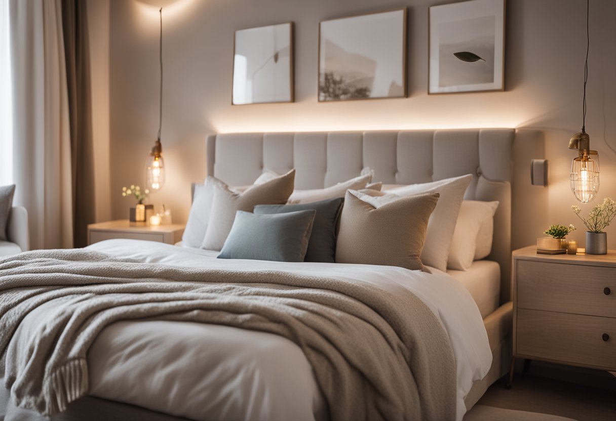 A cozy bedroom with a neutral color scheme, a comfortable queen-sized bed with soft linens, a small seating area with a loveseat or two armchairs, and warm lighting from bedside lamps or string lights