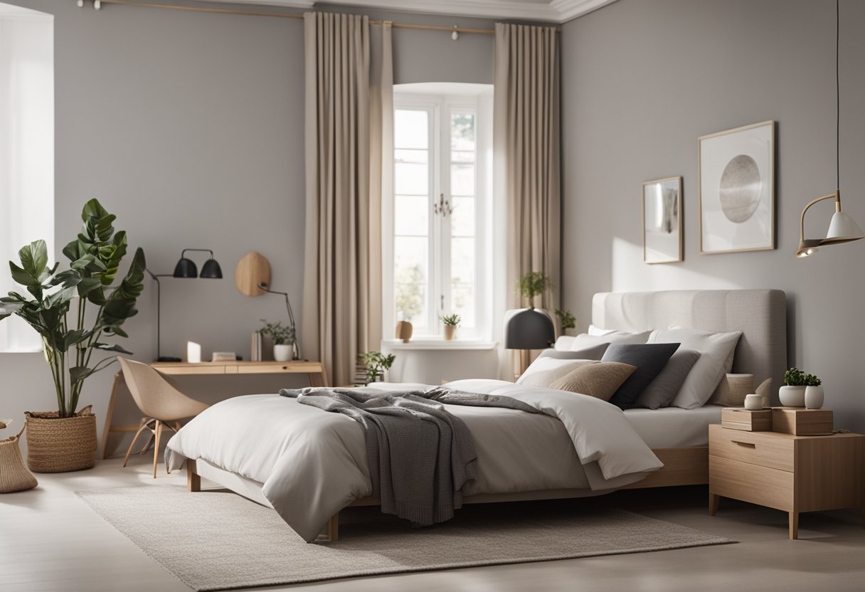 A cozy bedroom with minimal furniture and neutral colors. A single bed with a simple headboard, a small nightstand, and a small desk with a chair. Textured rug on the floor and a few decorative items on the walls