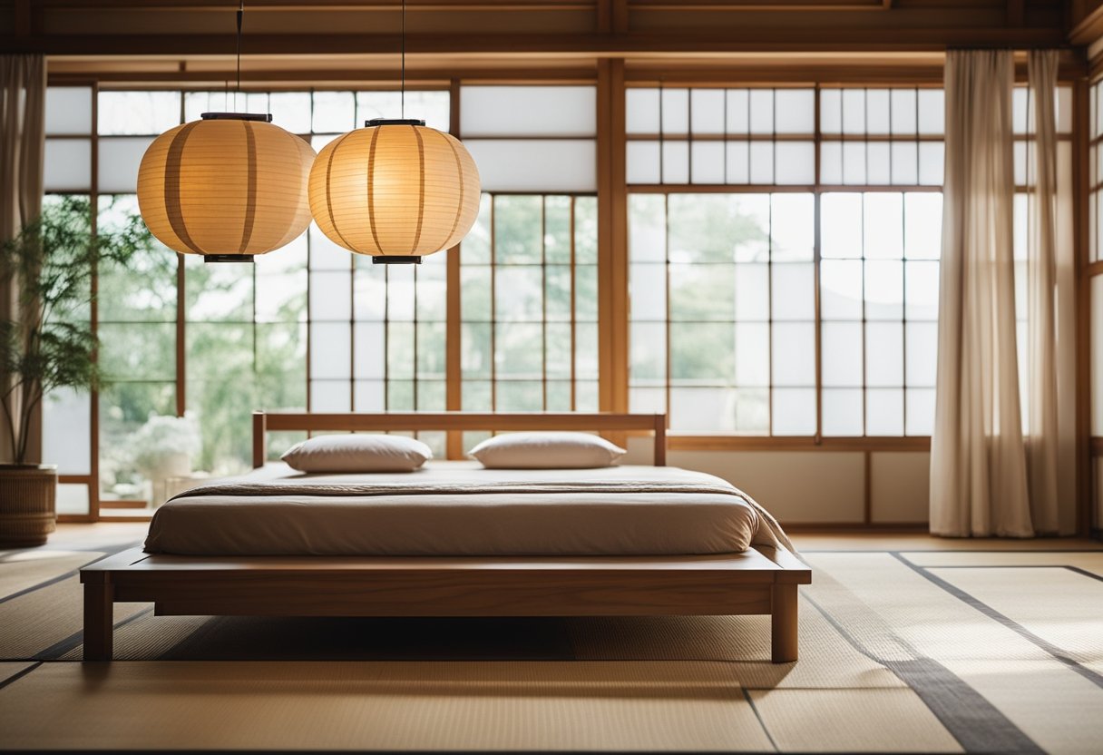 A low wooden bed with a simple, neutral-colored duvet. Paper lanterns hang from the ceiling, casting a warm glow. Minimalist decor and a tatami mat floor complete the serene Japanese bedroom aesthetic