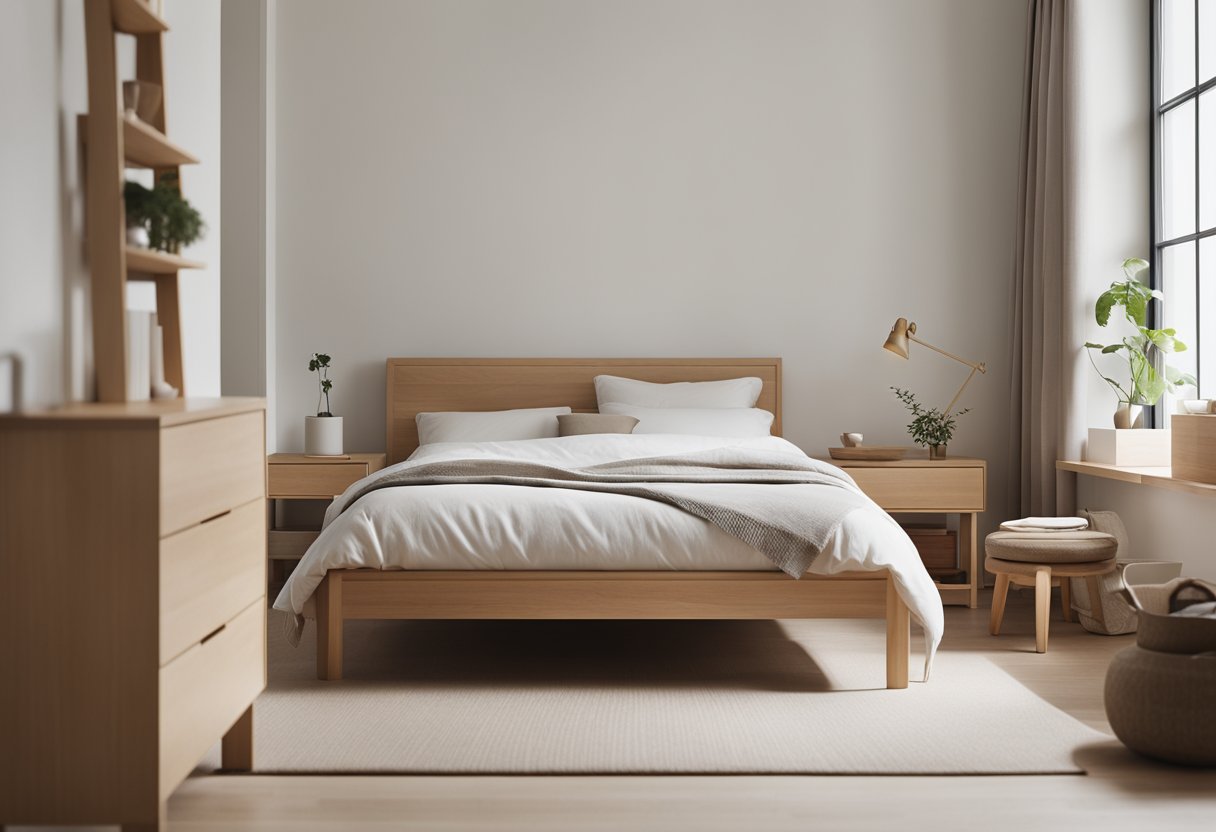 A clutter-free Muji bedroom with minimalist furniture, neutral colors, and natural materials. Simple, clean lines and uncluttered surfaces create a serene and peaceful atmosphere