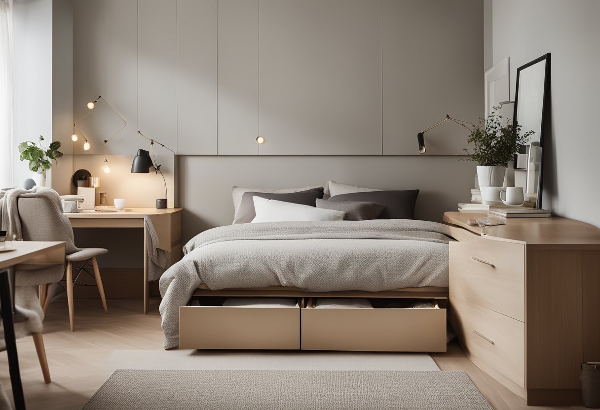A cozy bedroom with clever storage solutions, such as under-bed drawers and wall-mounted shelves. The room is organized and clutter-free, with a neutral color scheme to create a calming atmosphere