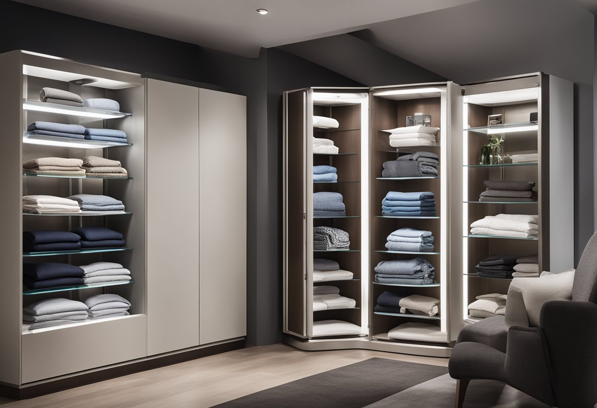A sleek, modern corner cabinet with glass doors and adjustable shelves, displaying neatly folded clothes and a few decorative items