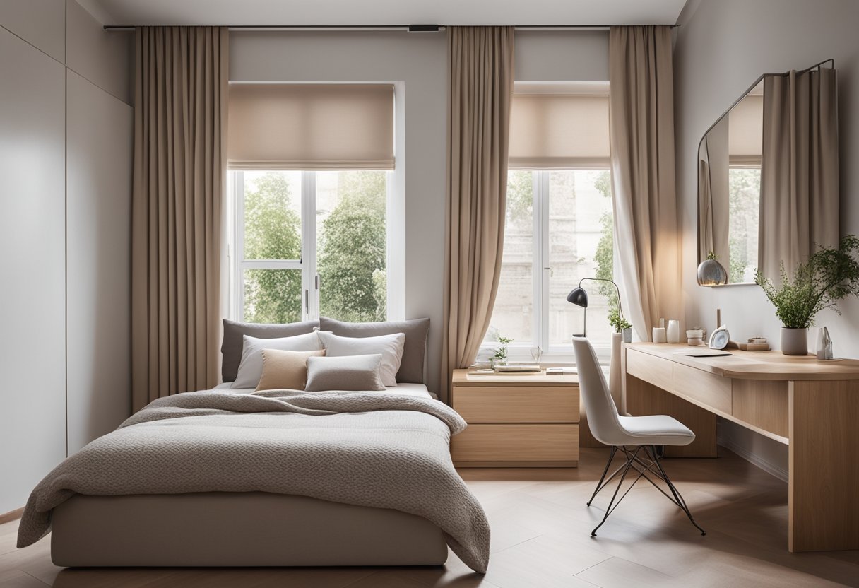 A cozy single bedroom with a neutral color scheme, a comfortable bed with soft bedding, a small desk with a chair, and a large window letting in natural light