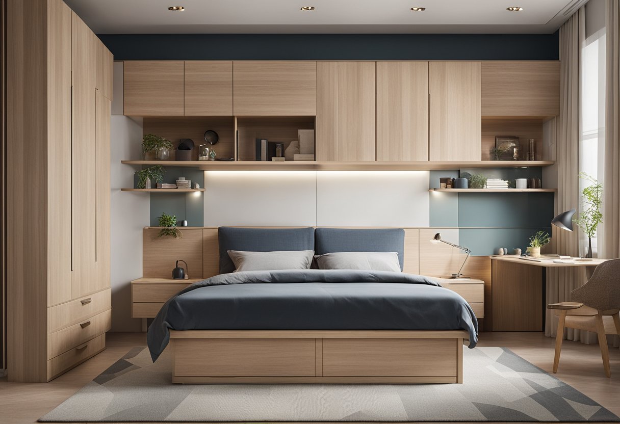 A bedroom with innovative corner cabinet designs maximizing space