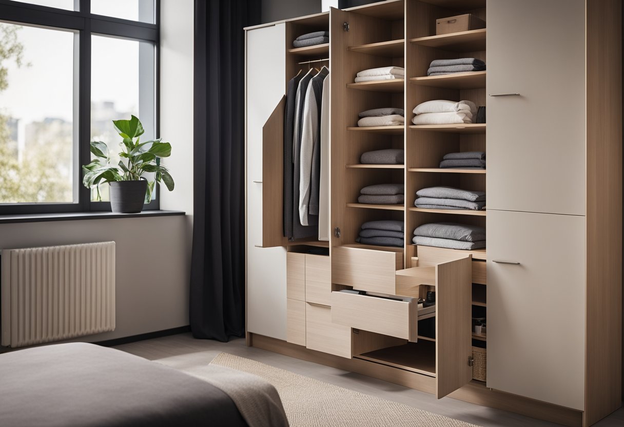 A corner cabinet in a bedroom, with shelves and drawers, storing clothes and personal items. The cabinet is sleek and modern, with a soft closing mechanism for quiet functionality