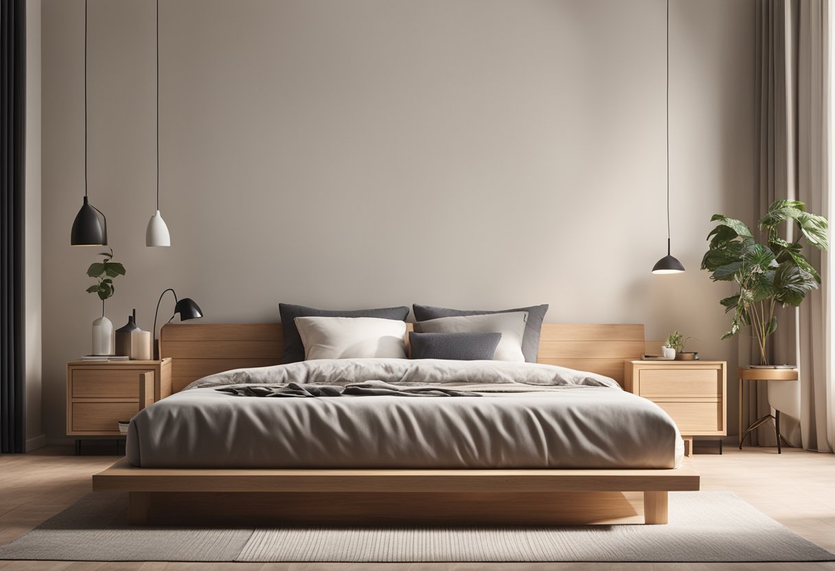 A cozy, minimalist bedroom with a low platform bed, simple wooden furniture, neutral colors, and natural lighting