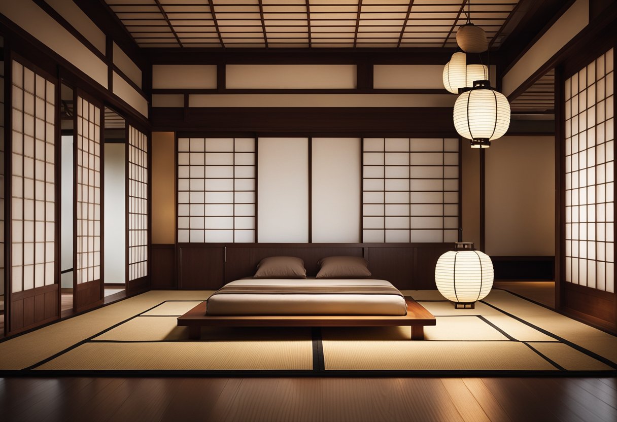 A minimalist Japanese bedroom with low platform bed, sliding shoji screens, tatami mat flooring, and hanging paper lanterns