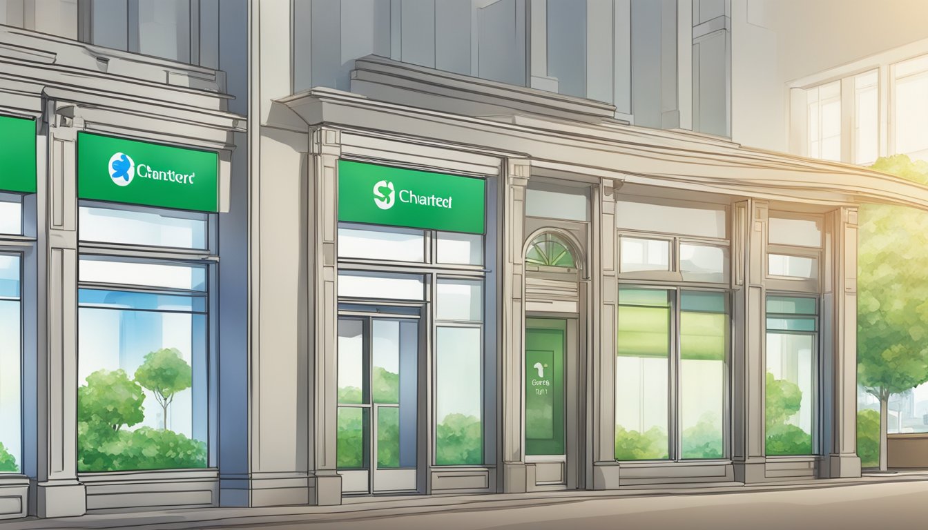 A business loan interest rate sign displayed prominently in a bank branch, with the Standard Chartered logo visible