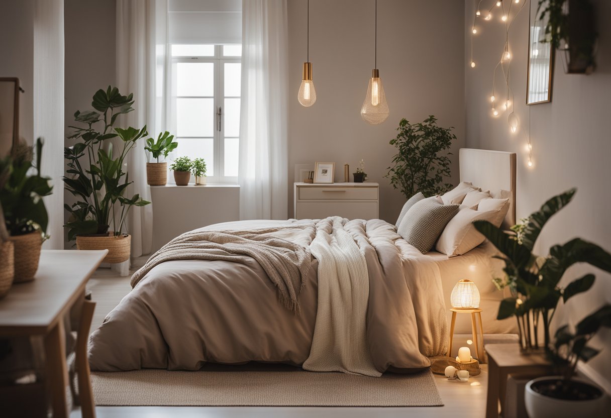 A cozy bedroom with warm lighting, a comfortable bed, and soft, neutral tones. A small desk with a few books and a potted plant adds a touch of elegance